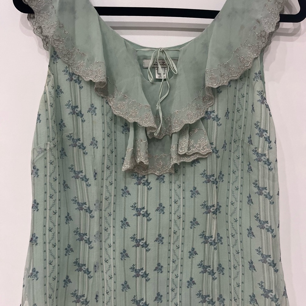 Elegant 100% Silk Sage Floral Blouse with Ruffle Details